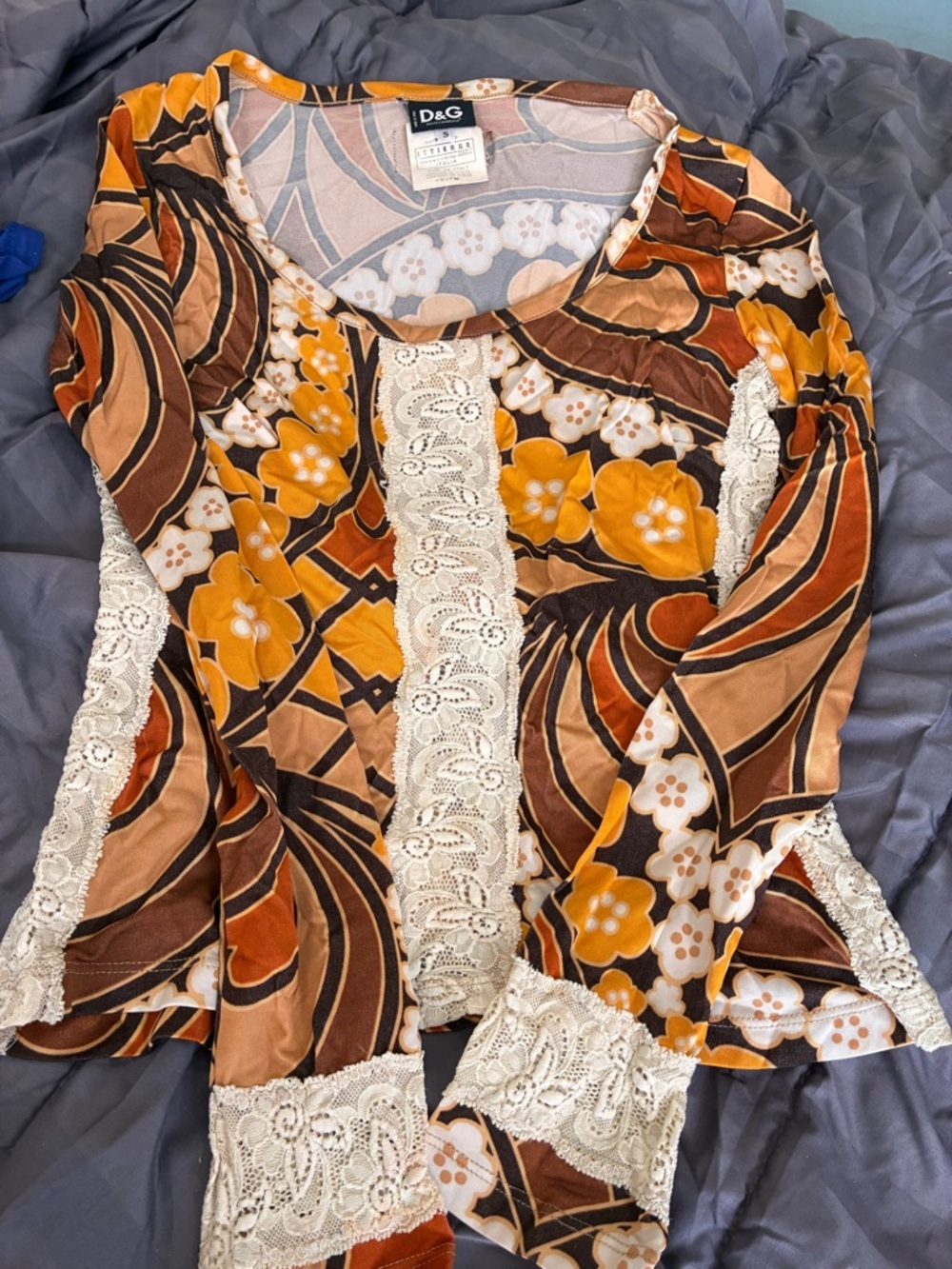 Dolce and Gabbana Vintage Floral Lace-Trim Long Sleeve Top in Mustard/Brown